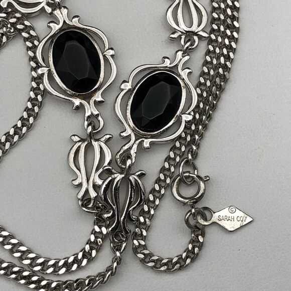 Vintage Sarah Coventry Necklace TOUCH OF CLASS 1976 Black Silver Tone 38 inches - Picture 4 of 6